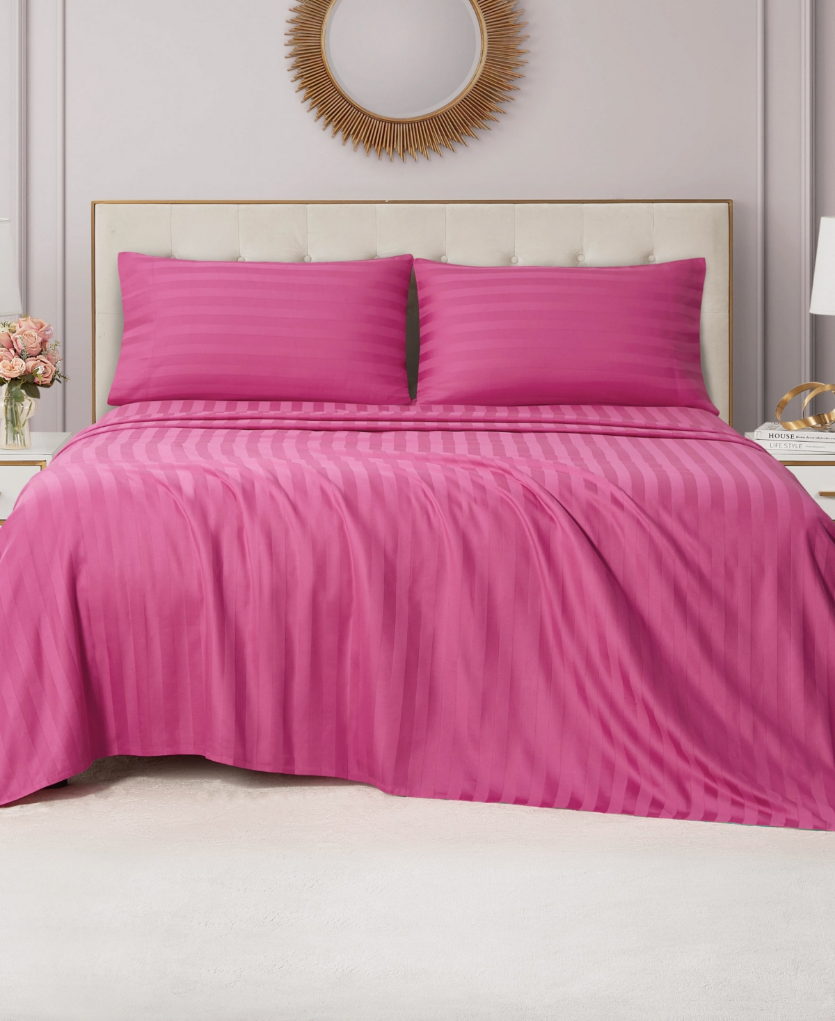 Juicy Couture Royal Dreams Damask Stripe 300-thread Count Sateen Cotton 4-pc. Sheet Set, Full In Hot Pink