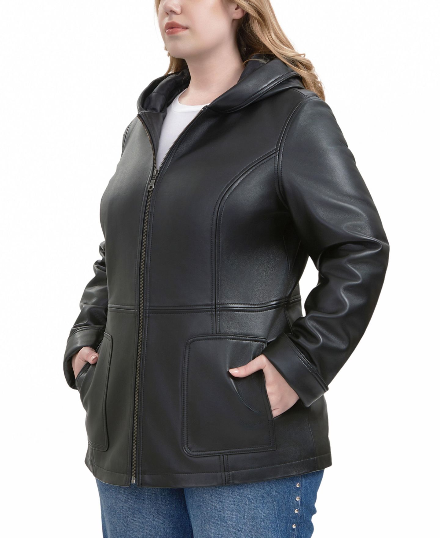 Женское пальто BGSD Plus Size Cara Hooded Leather, цвет: Чёрный — фото 2