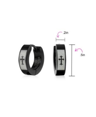 Set of 2 Fleur De Lis Cross Silver Black Huggie Hoop Earrings Stainless Steel