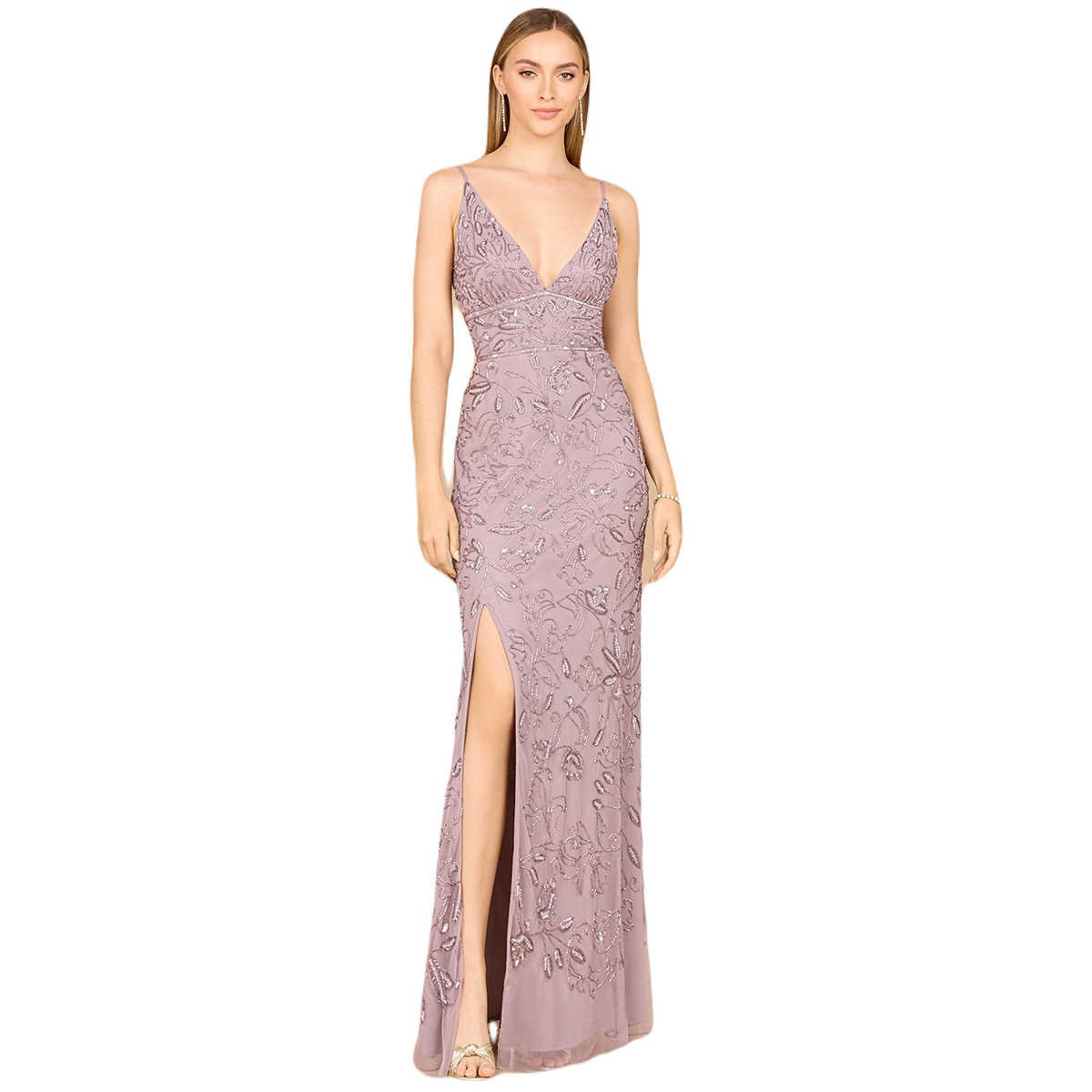 Women's Embellished Gown with Slit And Spaghetti Straps - Outlet - Dusty lavender