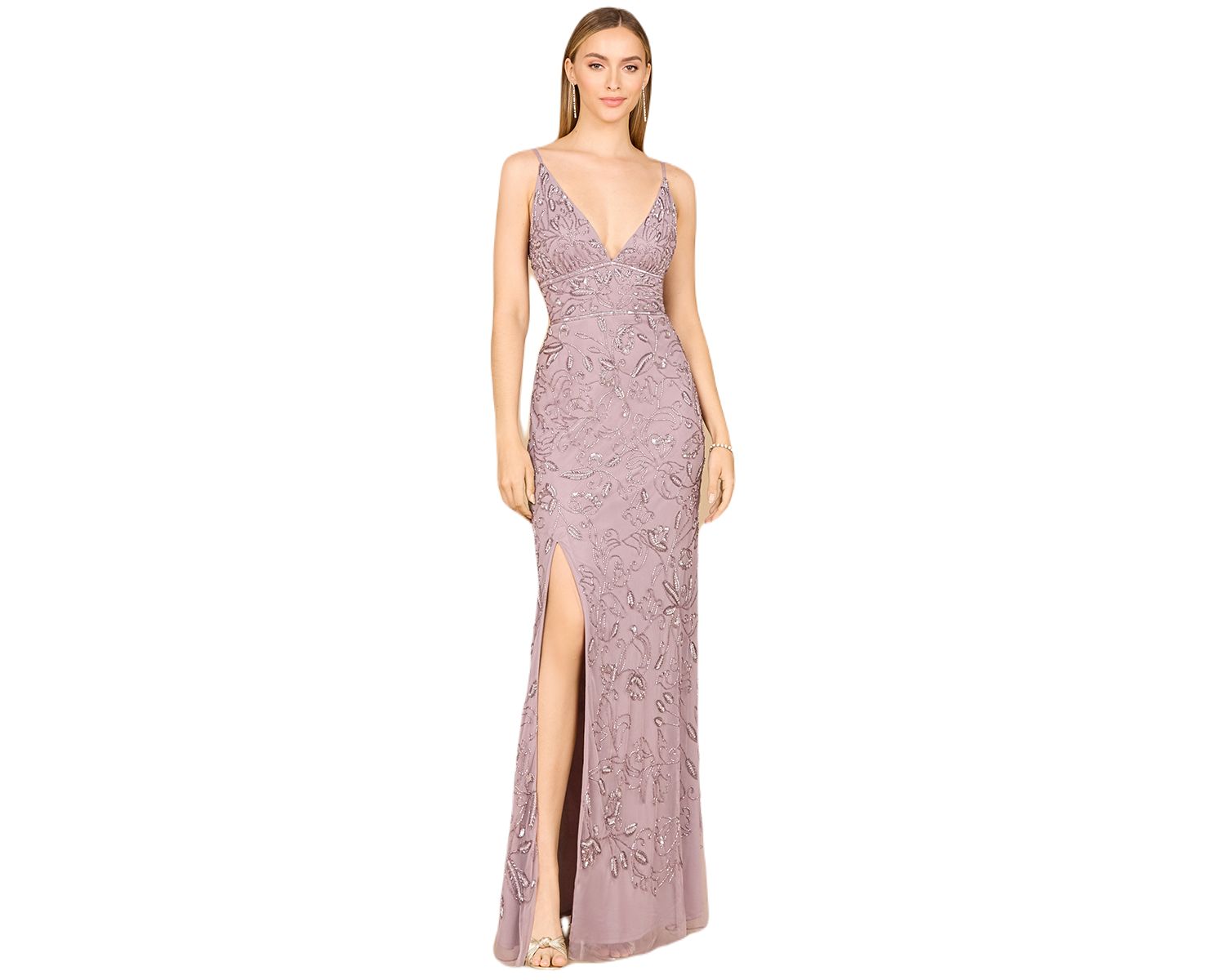 Women's Embellished Gown with Slit And Spaghetti Straps - OUTLET