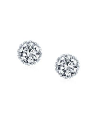 Solitaire Round Cubic Zirconia Crown Basket Set CZ Stud Earrings Gold Plated Sterling Silver