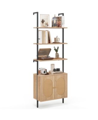 71 Inch 6-Tier Wall Mounted Ladder Bookshelf with Rattan Cabinet-Natural