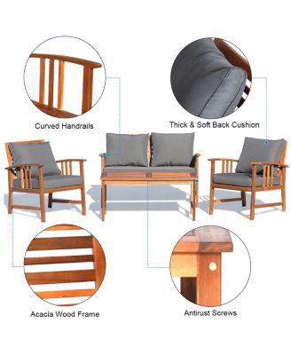 4PCS Wooden Patio Furniture Set Table Sofa Chair Cushioned Garden