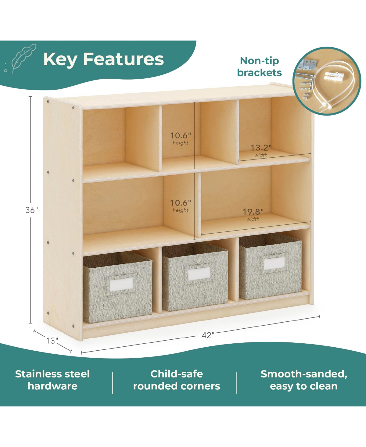 Guidecraft EdQ 3-Shelf 8-Compartment Storage 36" - Natural: Kids' Wooden Cubby Cube Bookshelf with Bins for Toys and School Supplies