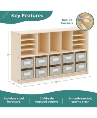 EdQ Shelves and 10 Bin Storage Unit 30" Natural: Wooden Bookcase with Compartments for Kids' Toys and Books in Playroom