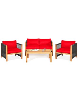 4 PCS Acacia Wood Patio Conversation Set w/Cushions for Garden