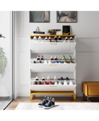 Wooden three-door natural shoe cabinet, multi-purpose shoe rack with adjustable shelves,cabinet foot,white