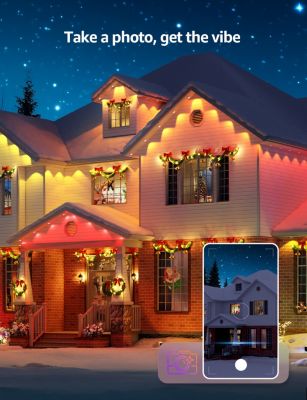 E1 AI Permanent Outdoor Lights APP Control, 50ft Smart RGB+IC Christmas House Lights with 30 Warm/Cool White LED Pucks, Alexa Google Enabled, AI Generated Lighting LLM, NO Remote, 2.4 GHz WiFi