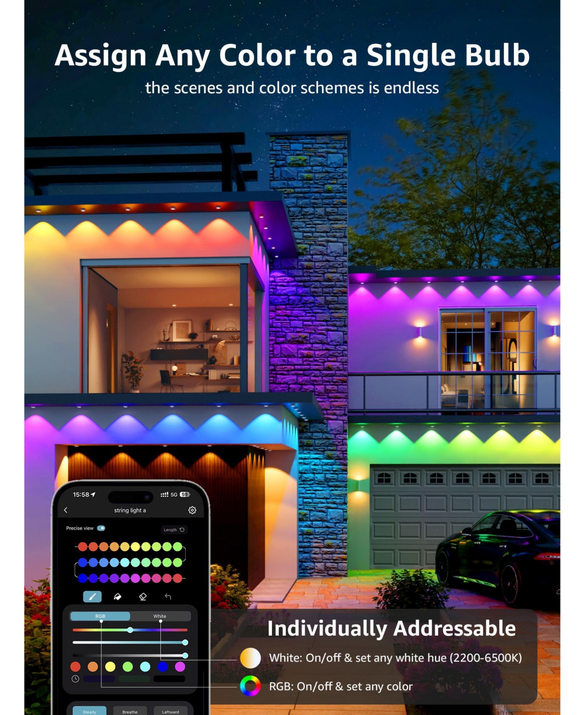 Lepro E1 Ai Permanent Outdoor Lights App Control, 50ft Smart Rgb+Ic Christmas House Lights with 30 Warm/Cool White Led Pucks, Alexa Google Enabled, Ai