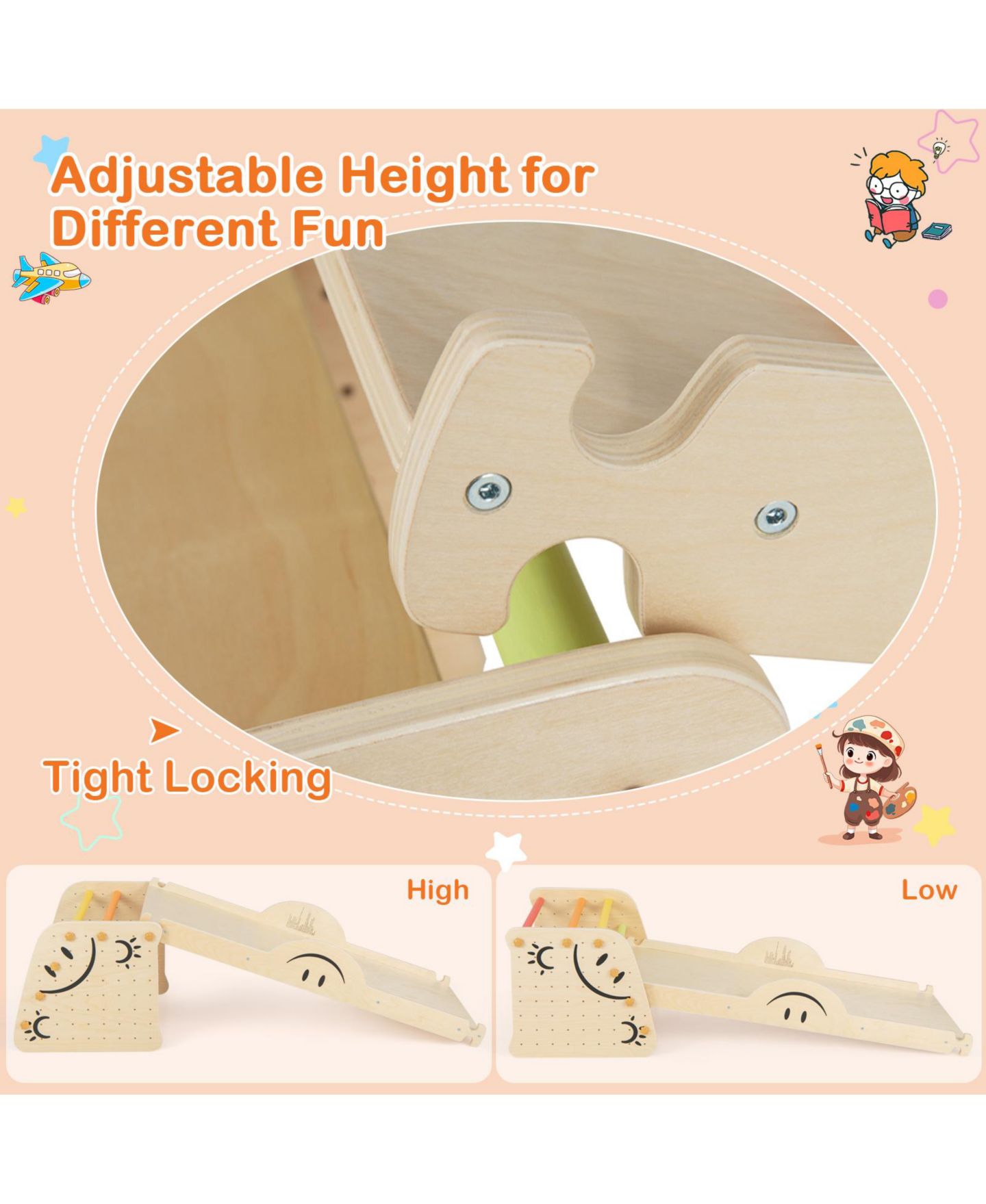 Детские фигурки GOUUN Wooden Climbing Toy Triangle Climber Set with Seesaw-Multicolor, цвет: Натуральный — фото 9