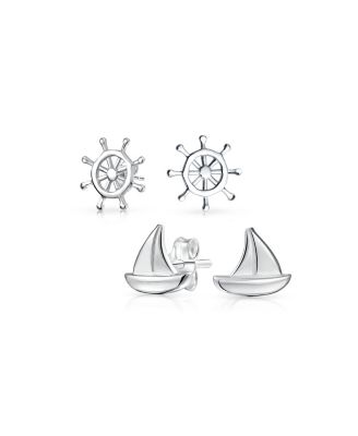 Nautical Sail Boat and Ship Wheel Stud Earrings Sterling