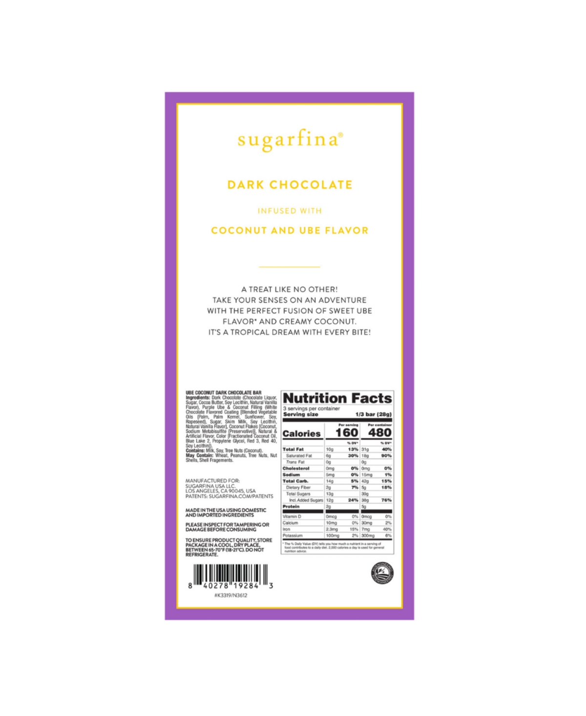Sugarfina Ube Coconut Cream Chocolate Bar, Set Of 4