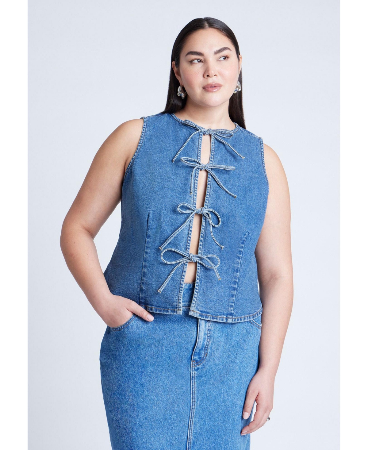 Plus Size Tie Front Denim Vest - Medium wash