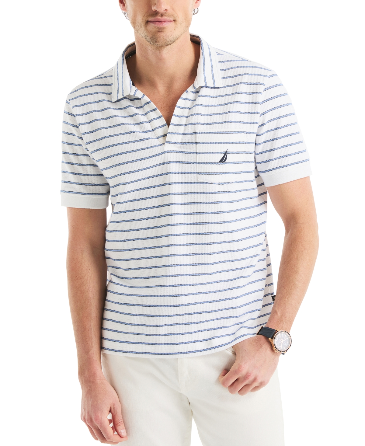 Men's Classic-Fit Stripe Seersucker Polo Shirt - Navy Seas
