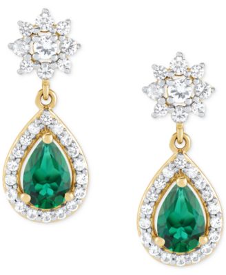 Lab-Created Emerald (5/8 ct. t.w.) & Lab-Created White Sapphire (1/2 ct. t.w.) Pear Halo & Cluster Drop Earrings in 