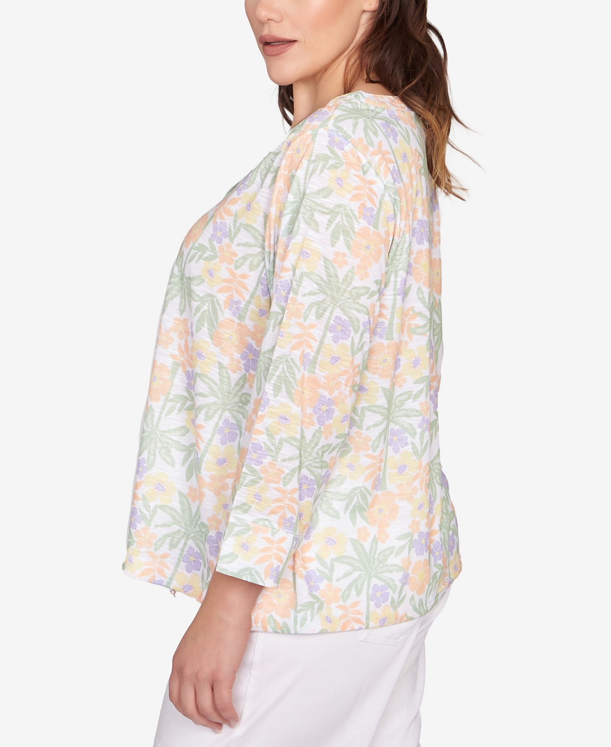 Hearts Of Palm Plus Size Three Quarter Sleeve Drawstring Top In Light Green Multi