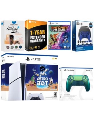 PlayStation 5 Slim Disc Astro Bot, Rachet and Clank Bundle with Extra Controller, Pro Gamer Kit, MightySkins Code and 1 Year Extended Warranty