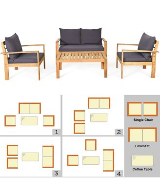 4PCS Patio Furniture Set Acacia Wood Thick Cushion Loveseat Sofa