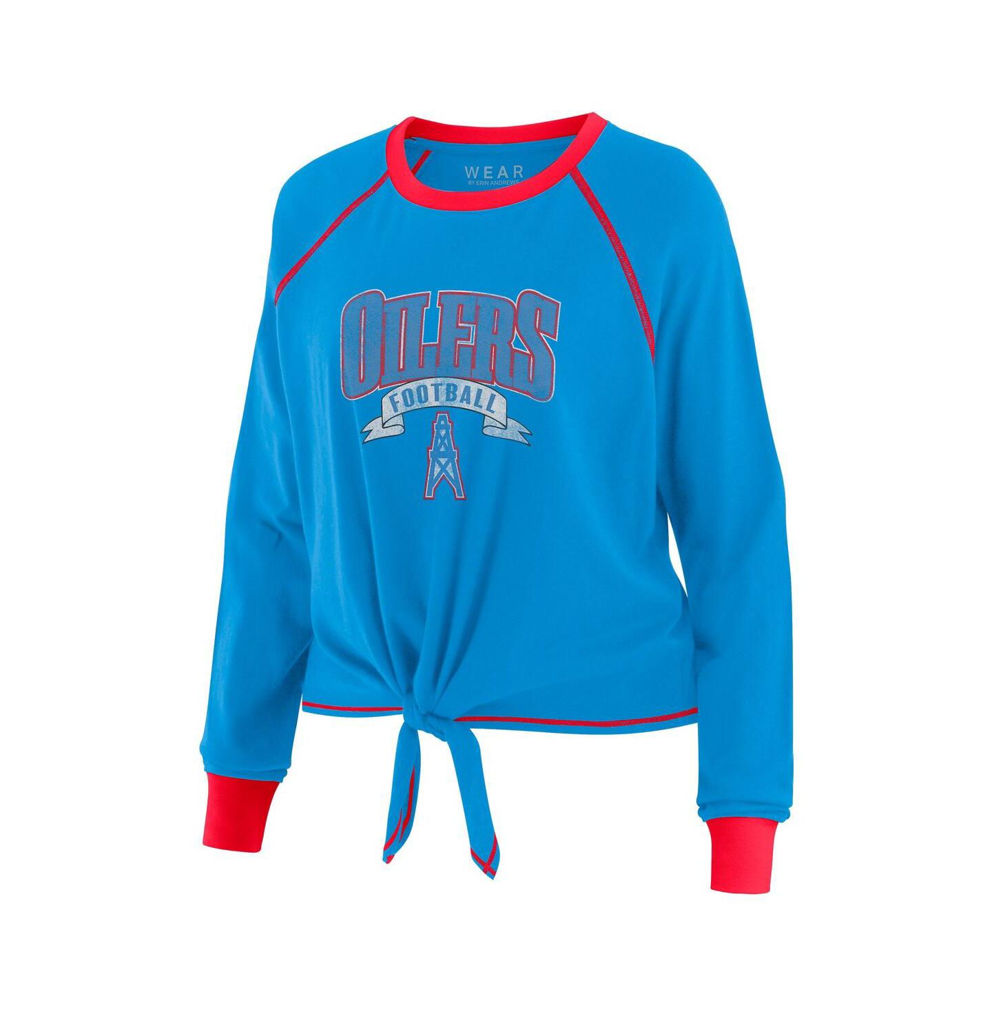 Женский топ WEAR by Erin Andrews Light Blue/Red Houston Oilers Tie-Front Long Sleeve — фото 2