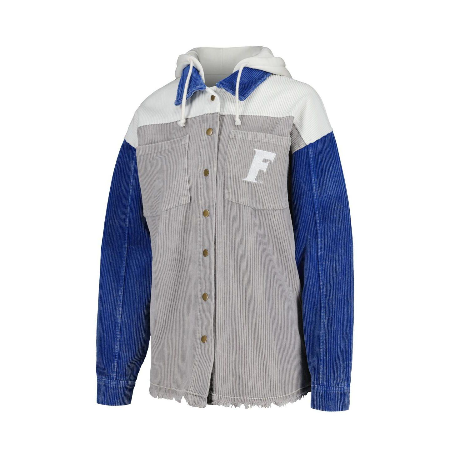 Женские куртки Gameday Couture Gray Distressed Florida Gators Vintage-Like Wash Corduroy Full-Snap Hooded Shacket — фото 3