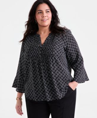 Plus Size Printed V-Neck Ruffle-Cuff Blouse, Exclusively at Macy's 