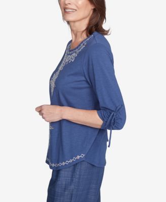 Petite Summer Solstice Embroidery Centered Tie Sleeve Top
