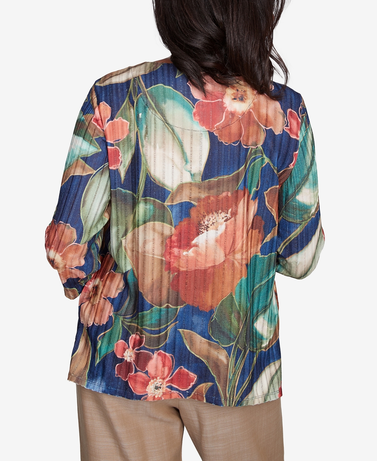 Alfred Dunner Plus Size Summer Solstice Dramatic Summer Floral Top With Necklace In Navy Multi
