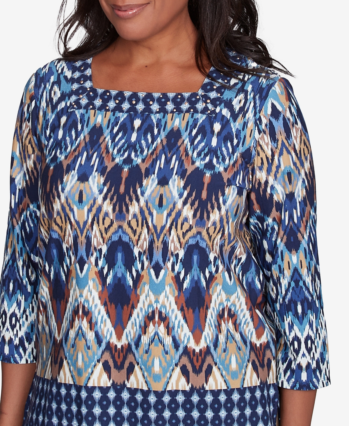 Alfred Dunner Plus Size Summer Solstice Ikat Diamond Border Square Neck Top In Navy Multi