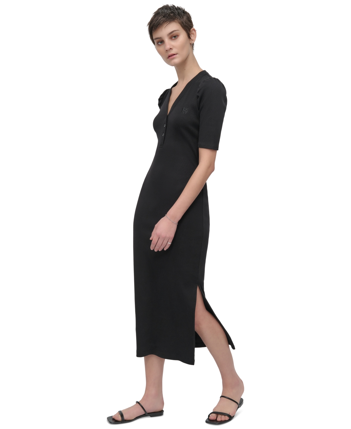 DKNY JEANS WOMEN'S PUFF-SLEEVE HENLEY MIDI DRESS 