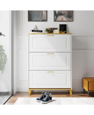 Wooden three-door natural shoe cabinet, multi-purpose shoe rack with adjustable shelves,cabinet foot,white