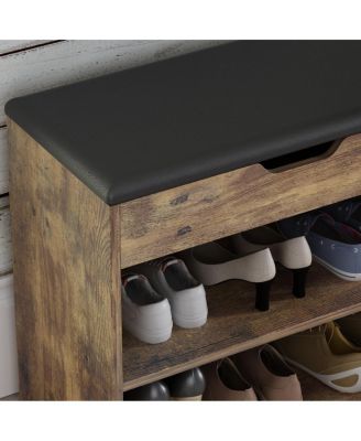Shoe bench with shelves, natural wooden shoe rack with 3 storage compartments, Entryway Bench