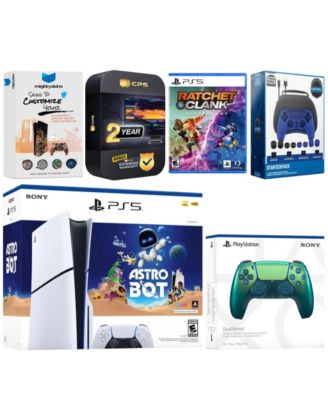 PlayStation 5 Slim Disc Astro Bot, Rachet and Clank Bundle with Extra Controller, Pro Gamer Kit, MightySkins Code and 2 Year Extended Warranty
