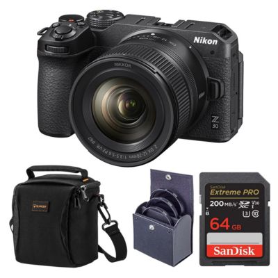 Z 30 Mirrorless Camera with NIKKOR Z DX 12-28mm f/3.5-5.6 PZ VR Lens, Bundle with 64GB Memory Card, Shoulder Bag, 46mm Filter Kit