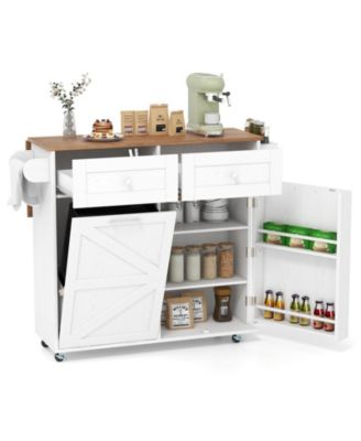 Rolling Kitchen Island with Trash Can Cabinet and Rubber Universal Wheels