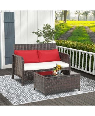 2PCS Patio Rattan Furniture Set Cushioned Loveseat Table Garden Deck