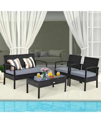 4PCS Patio Rattan Wicker Furniture Set Brown Loveseat Sofa