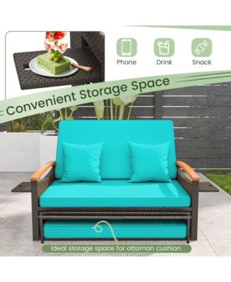 Patio Rattan Daybed Set with Cushioned Loveseat & Storage Ottoman for Porch