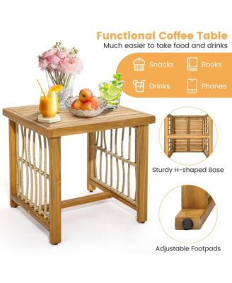 3PCS Patio Acacia Wood PE Wicker Furniture Set w/ Soft Seat & Back Cushions