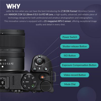 Z 30 Mirrorless Camera with NIKKOR Z DX 12-28mm f/3.5-5.6 PZ VR Lens, Bundle with 128GB Memory Card, Shoulder Bag, TASC300 Microphone, MT-11