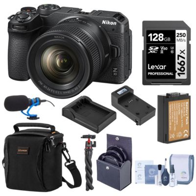 Z 30 Mirrorless Camera with NIKKOR Z DX 12-28mm f/3.5-5.6 PZ VR Lens, Bundle with 128GB Memory Card, Shoulder Bag, TASC300 Microphone, MT-11