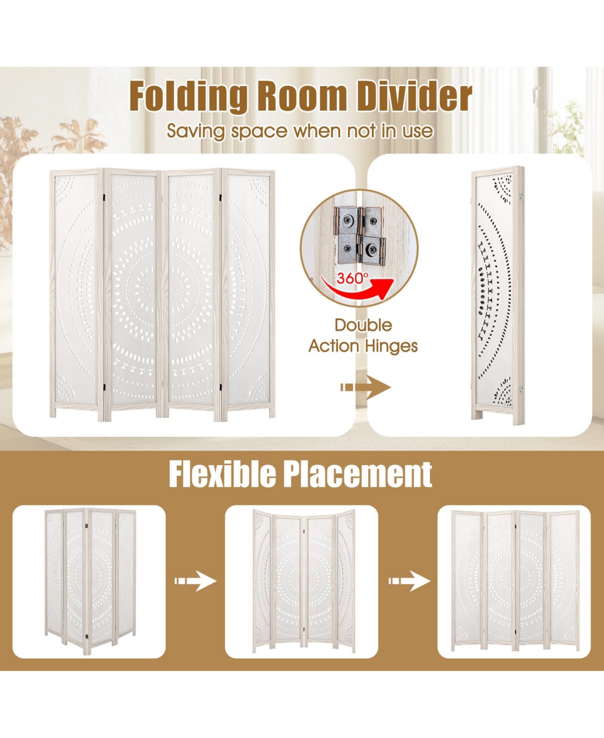 4-Panel Boho Room Divider – Privacy Screen with Detailed Carved Design for Home or Office