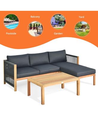 3PCS Patio Sofa Furniture Set Thick Cushion Acacia Wood