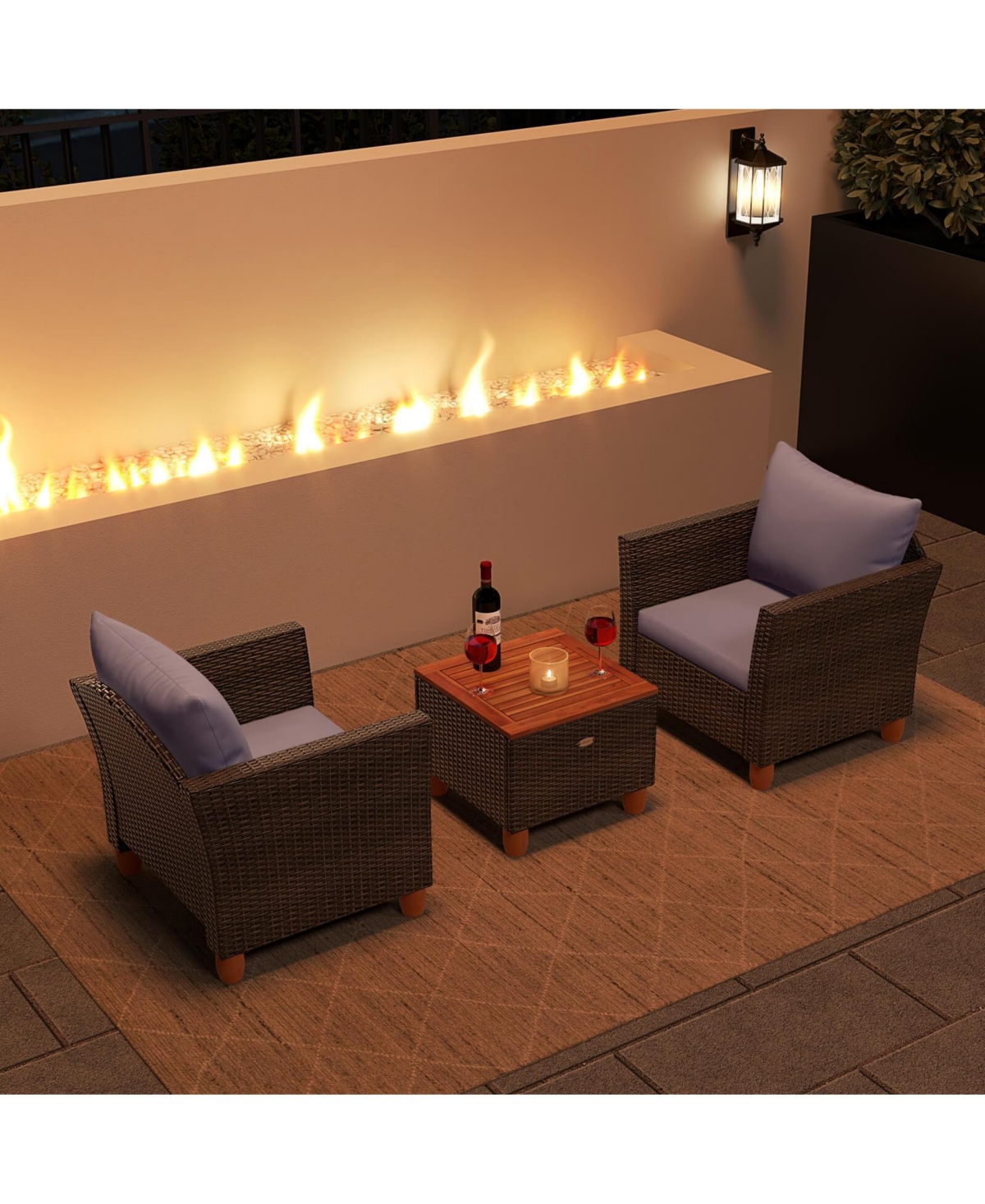 3 Pcs Outdoor Patio Rattan Bistro Furniture Set Wooden Table Top Cushioned Sofa