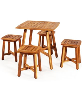 5PCS Acacia Patio Dining Set W/Square Table & 4 Stools Reddish