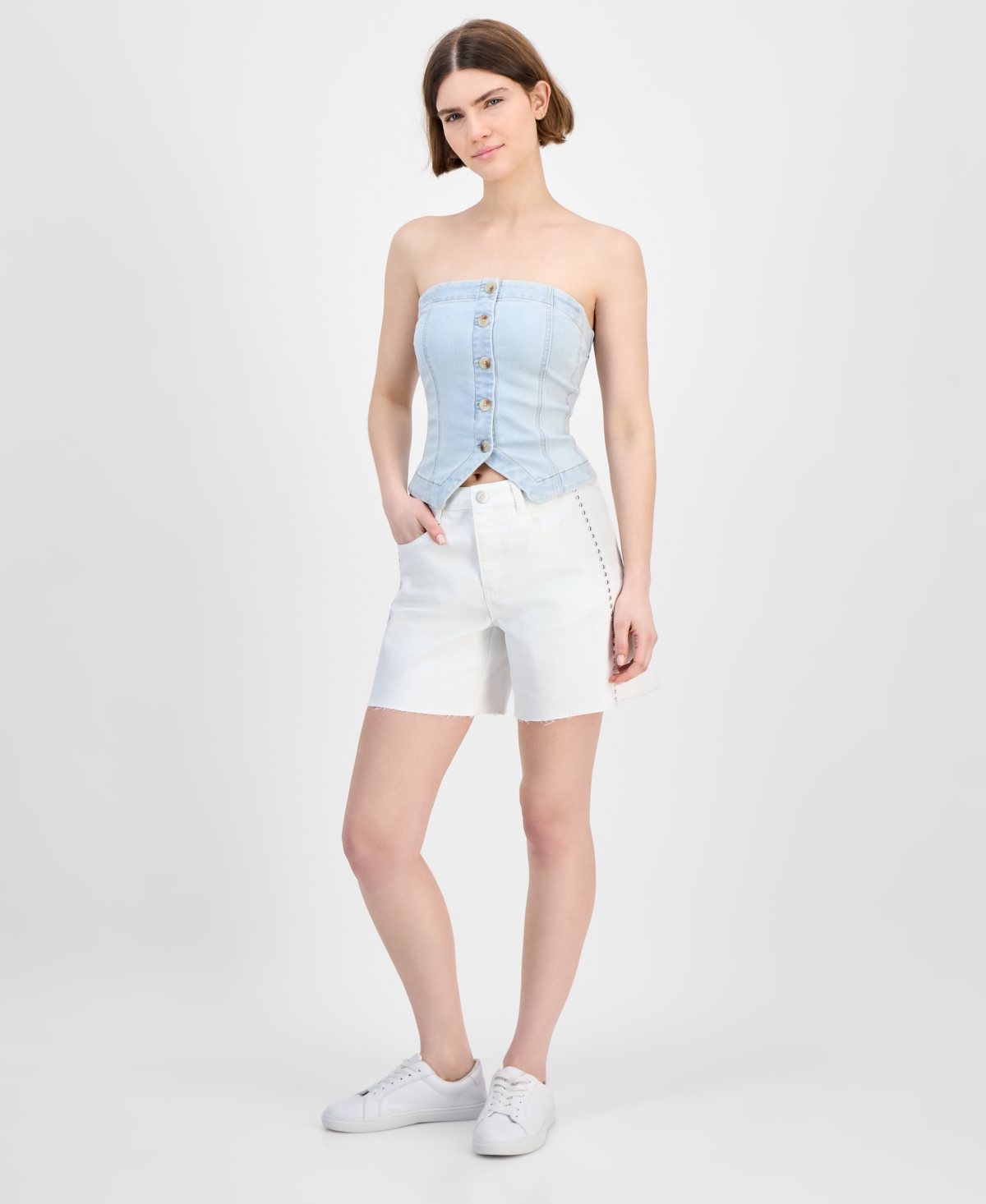 Women's High-Rise Stud-Trim Denim Shorts, Exclusively at Macy's - White