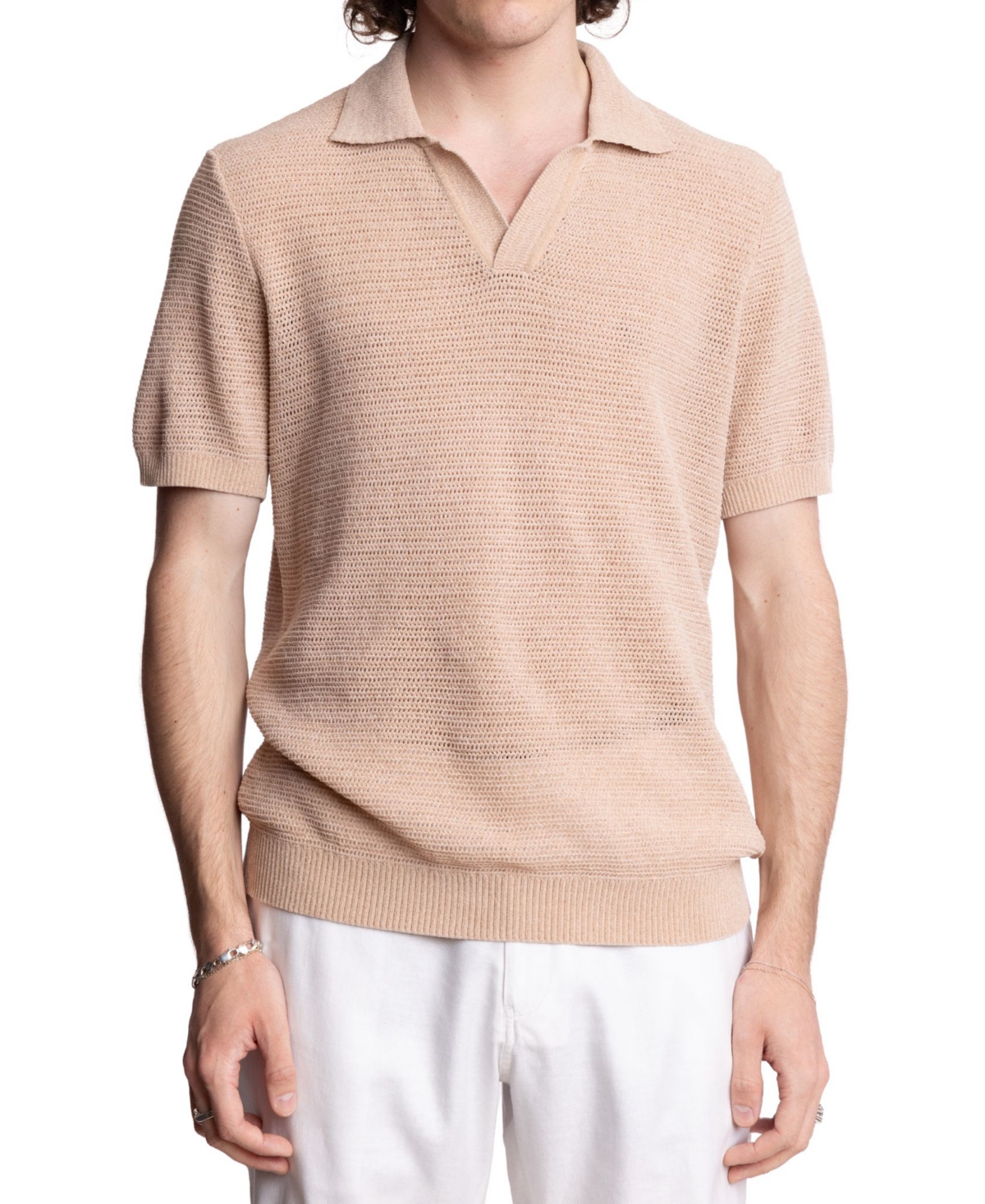 Men's Slim Fit Short Sleeve Open Collar Knit Polo Sweater - Tan Chenille