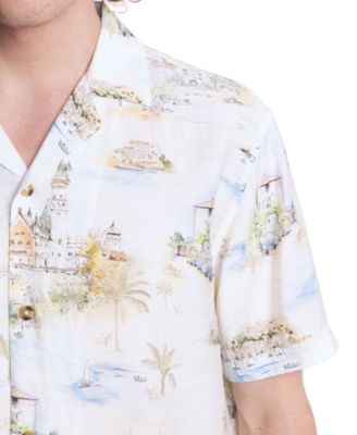 Men's Slim Fit Short Sleeve Scenic Print Button Front Camp Shirt