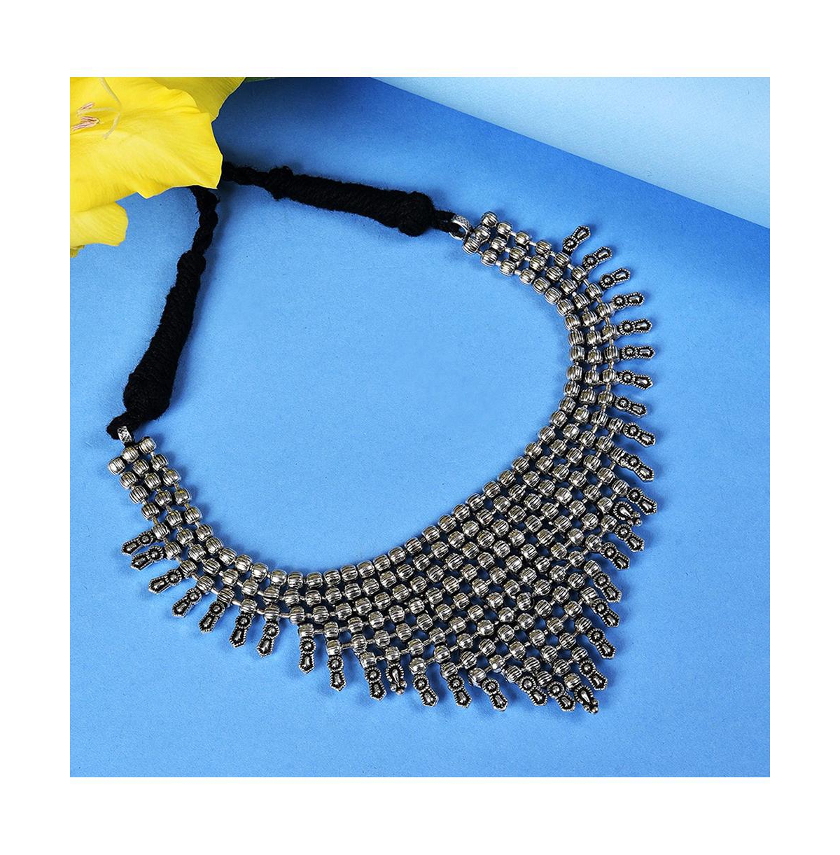 Sohi Silver Color Silver Oxidised Triangular Necklace For Women's In Silver