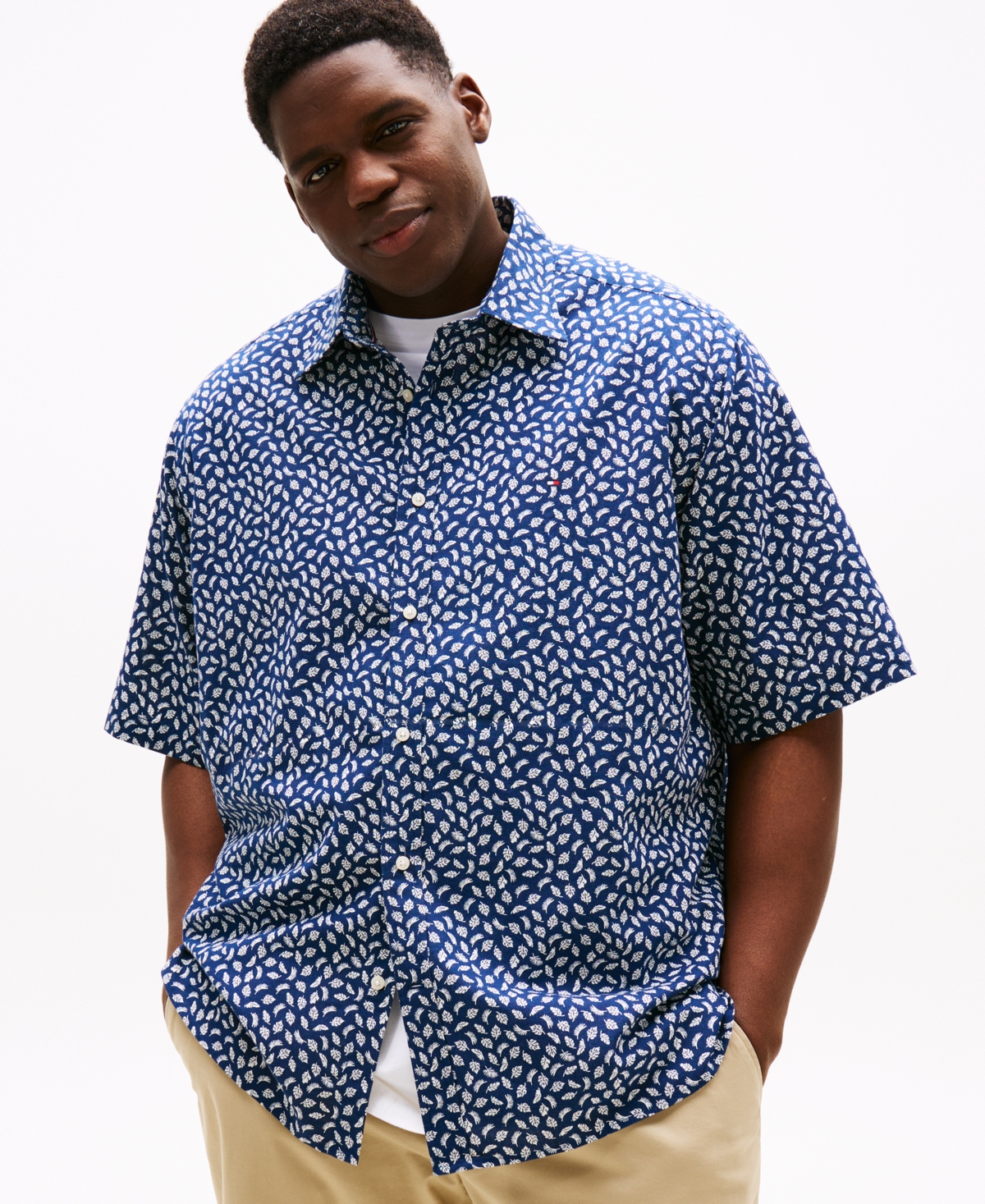 Tommy Hilfiger Men's Big & Tall Leaf-pattern Linen Shirt In Blue